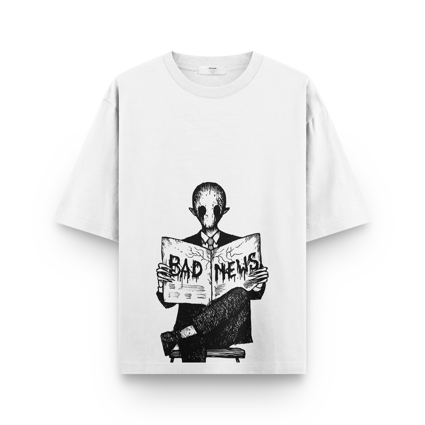 Bad News T-Shirt - Dark Illustrator Graphic Tee of Man Reading Newspaper | Gothic & Edgy Design