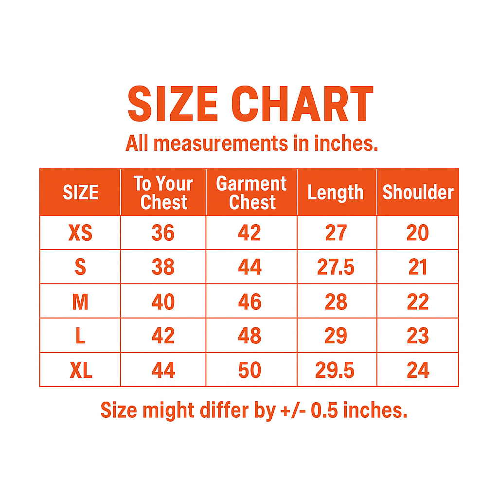 Stichin oversized t-shirt size chart showing XS to XL measurements with chest, garment chest, length, and shoulder dimensions in inches.