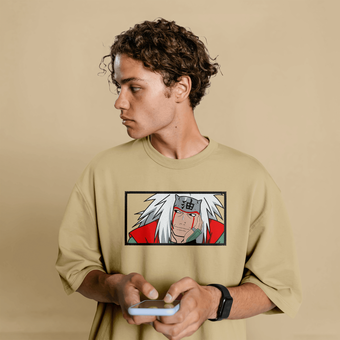 jiraiya naruto oversized embroidered t-shirt front view beige