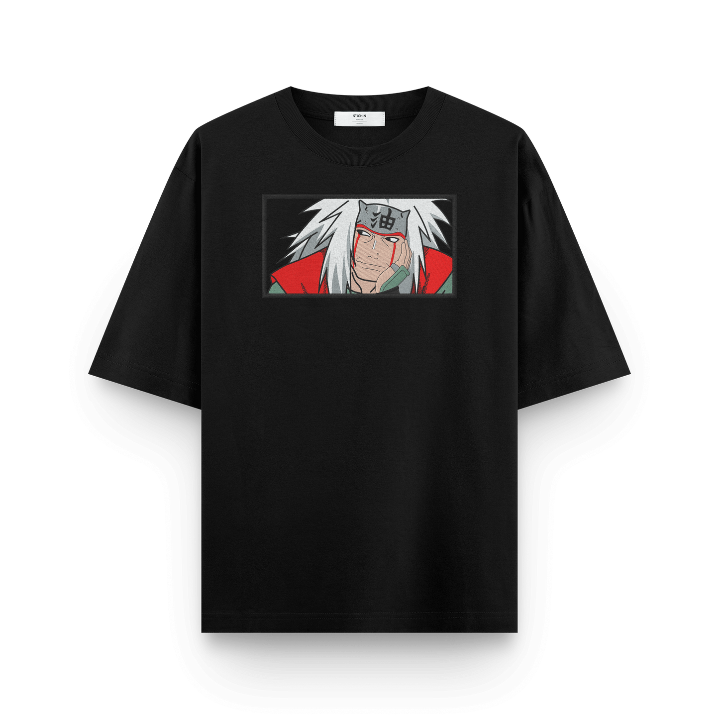 close-up of jiraiya embroidery on oversized naruto t-shirt