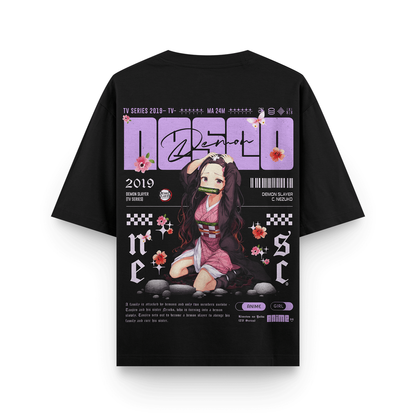 Nezuko Bamboo Muzzle Oversized Black Oversized T-Shirt back