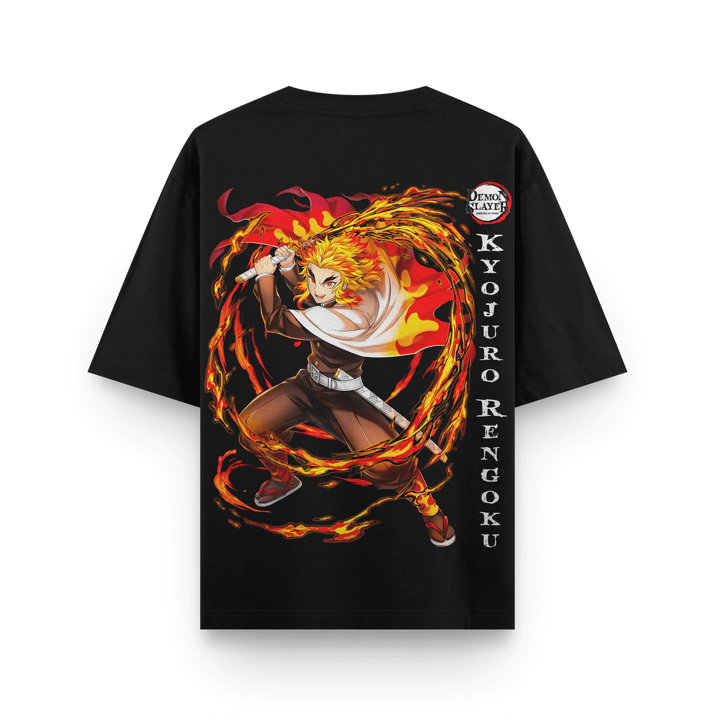 Kyojuro Rengoku Demon Slayer oversized t-shirt featuring vibrant print on the back, crafted from premium cotton.