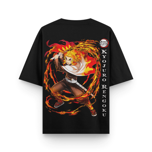 Kyojuro Rengoku Demon Slayer oversized t-shirt featuring vibrant print on the back, crafted from premium cotton.