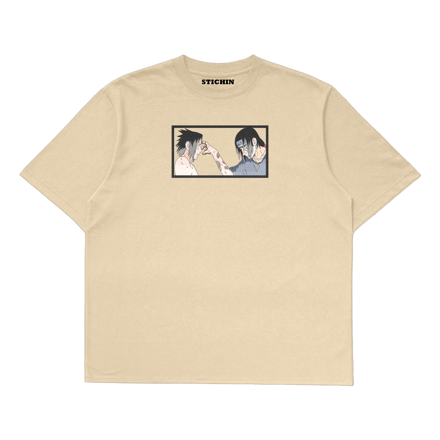 Sasuke Itachi embroidered oversized t-shirt featuring Uchiha brothers design by Stichin Studio.
