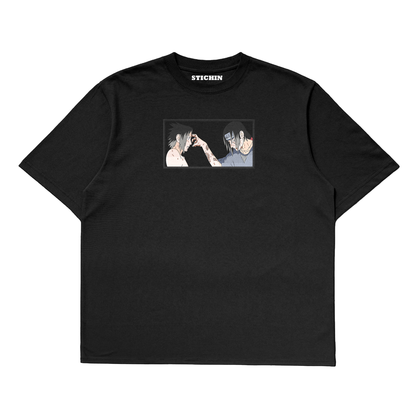 Sasuke Itachi embroidered oversized t-shirt featuring Uchiha brothers design on a black background.