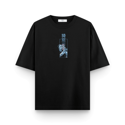 Akaza Demon Slayer oversized black front t-shirt with premium print featuring anime-inspired graphic design.