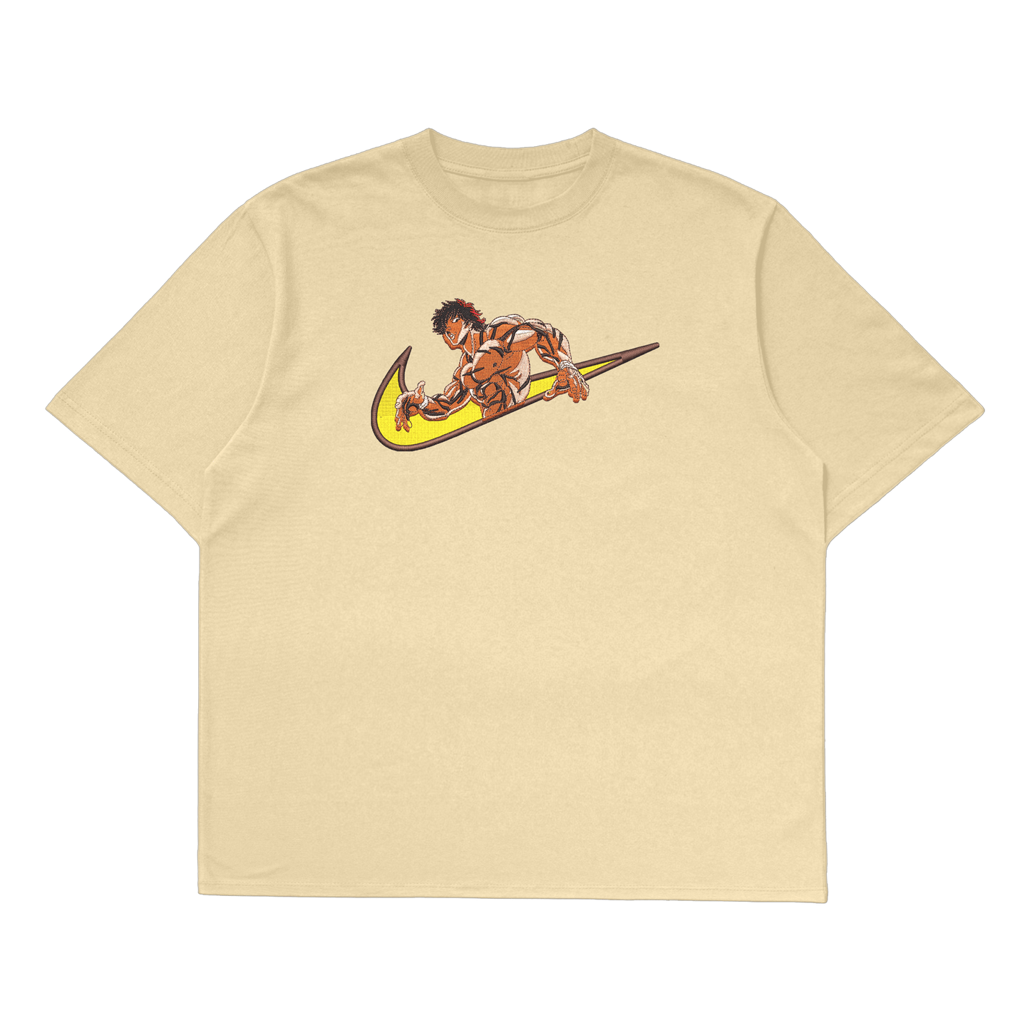 Baki Hanma Oversized T-Shirt featuring a bold anime design on a beige background.