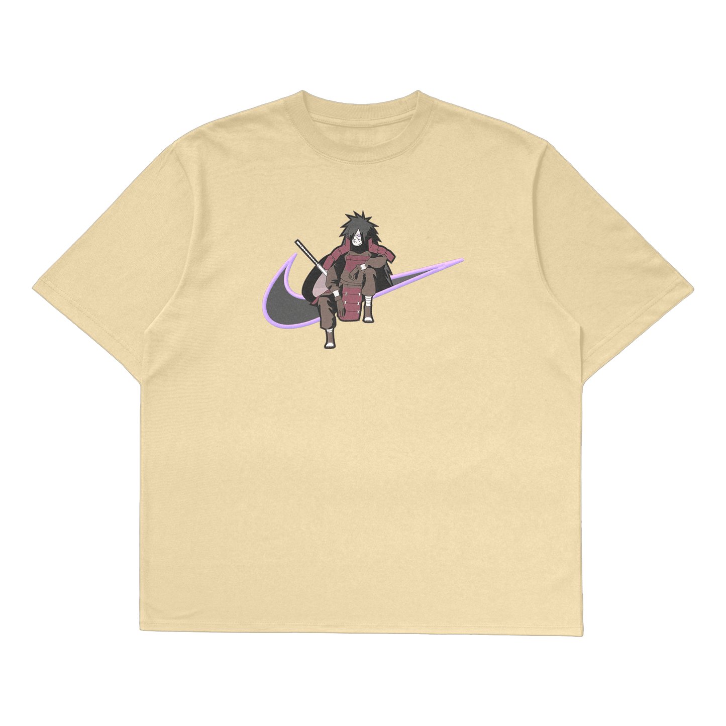 Madara Uchiha oversized t-shirt featuring a vibrant print and Nike logo, perfect for Naruto fans.
