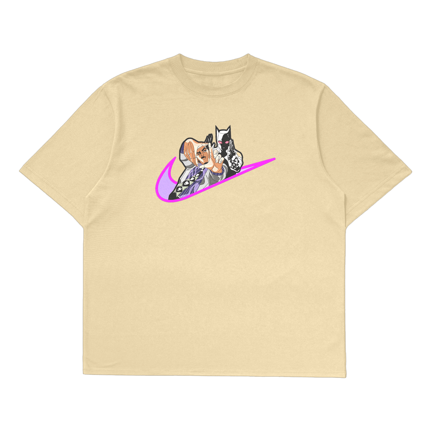 Yoshikage Kira oversized t-shirt featuring colorful cartoon design on a beige fabric.