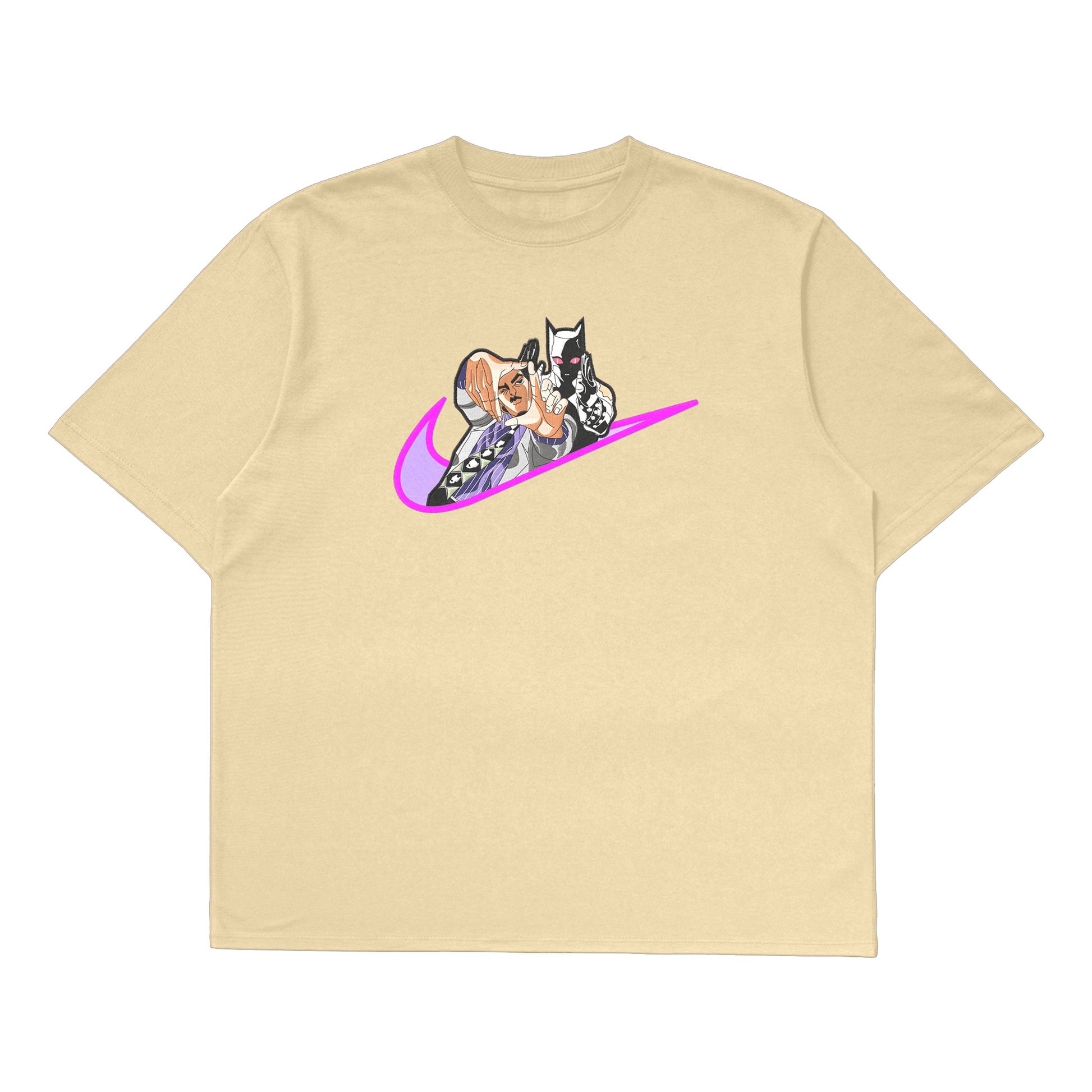 Yoshikage Kira oversized t-shirt featuring colorful cartoon design on a beige fabric.