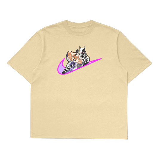 Yoshikage Kira oversized t-shirt featuring colorful cartoon design on a beige fabric.