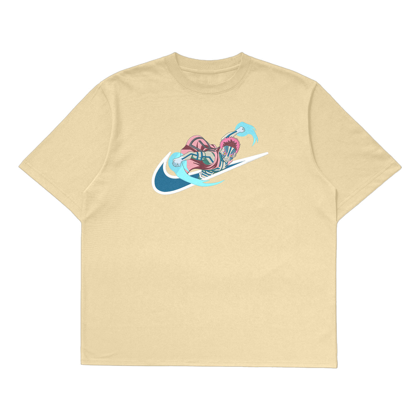 Akaza oversized t-shirt featuring vibrant embroidery on a beige background.