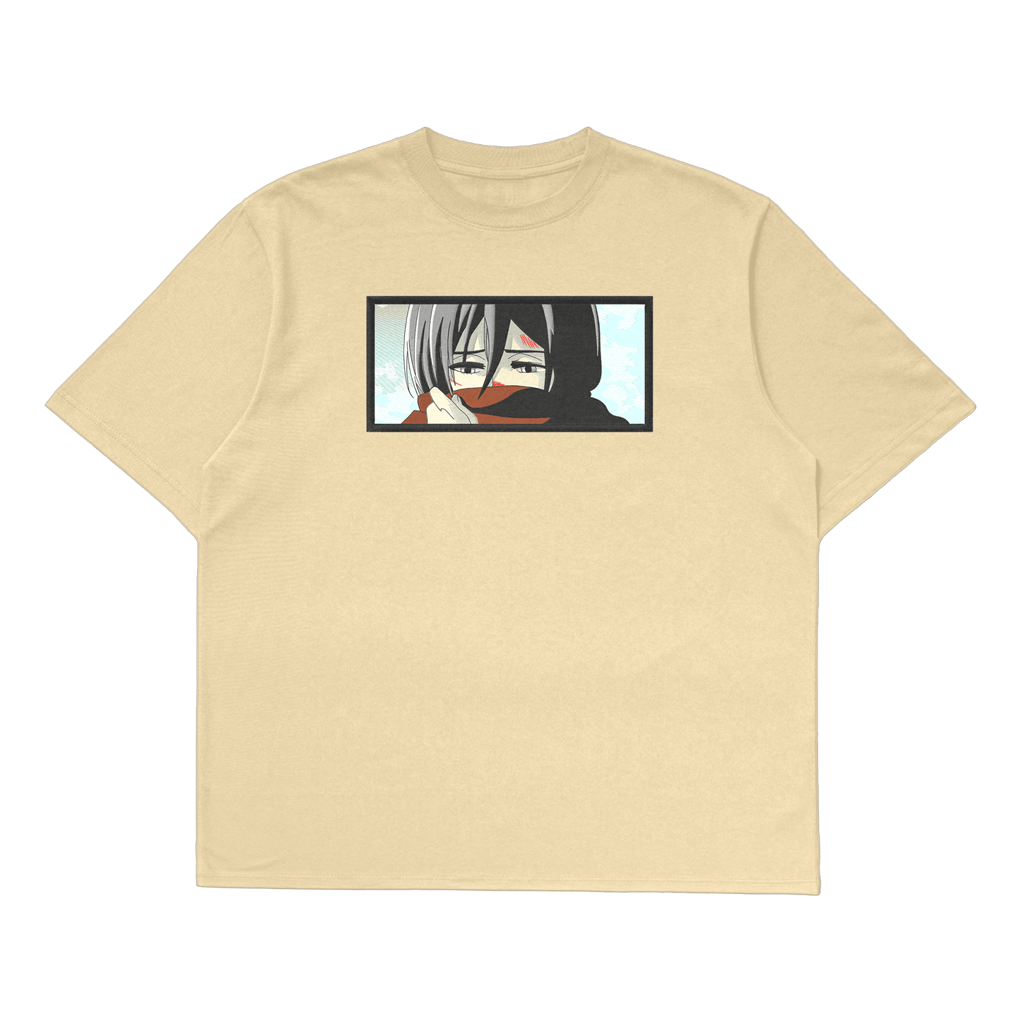 Mikasa Ackerman oversized t-shirt featuring a fierce design of Mikasa from Attack on Titan.