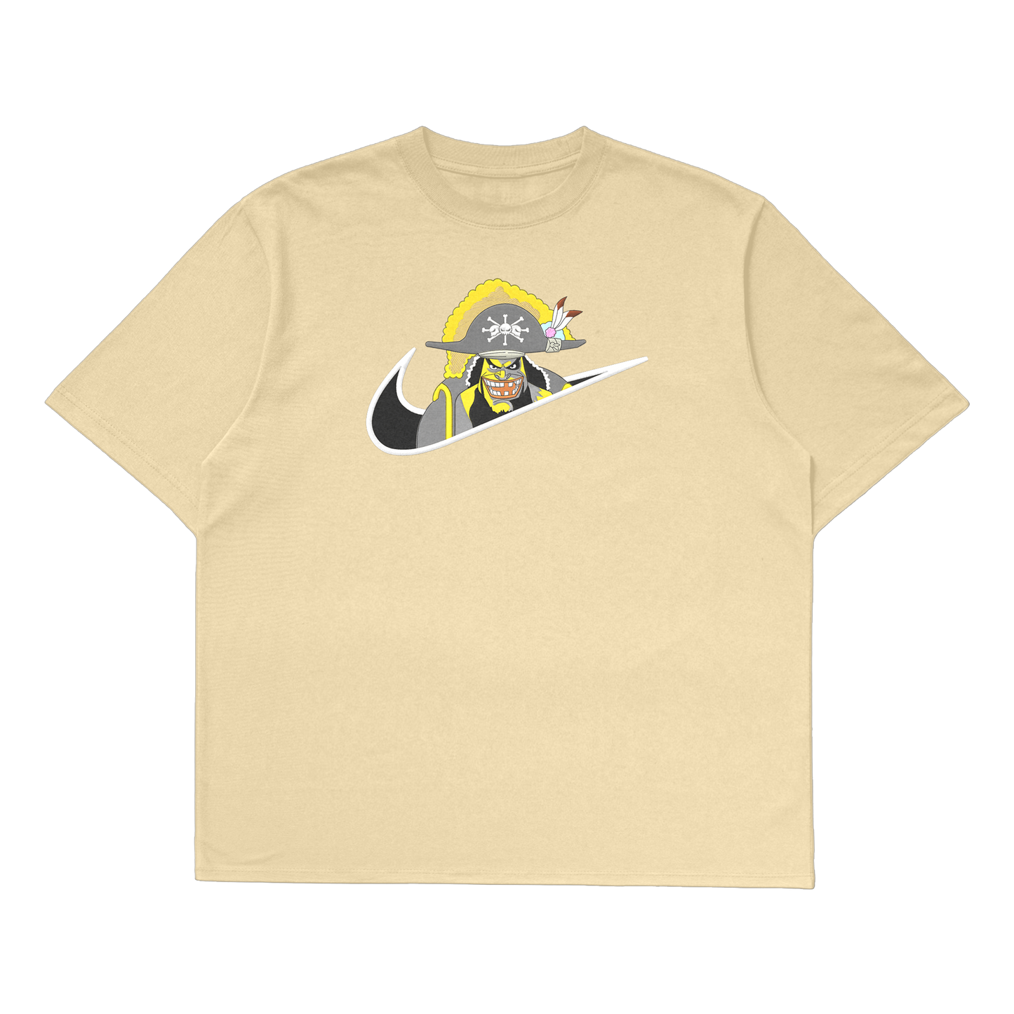 Blackbeard oversized t-shirt featuring a graphic of Blackbeard in a unique Nike design on a beige background.