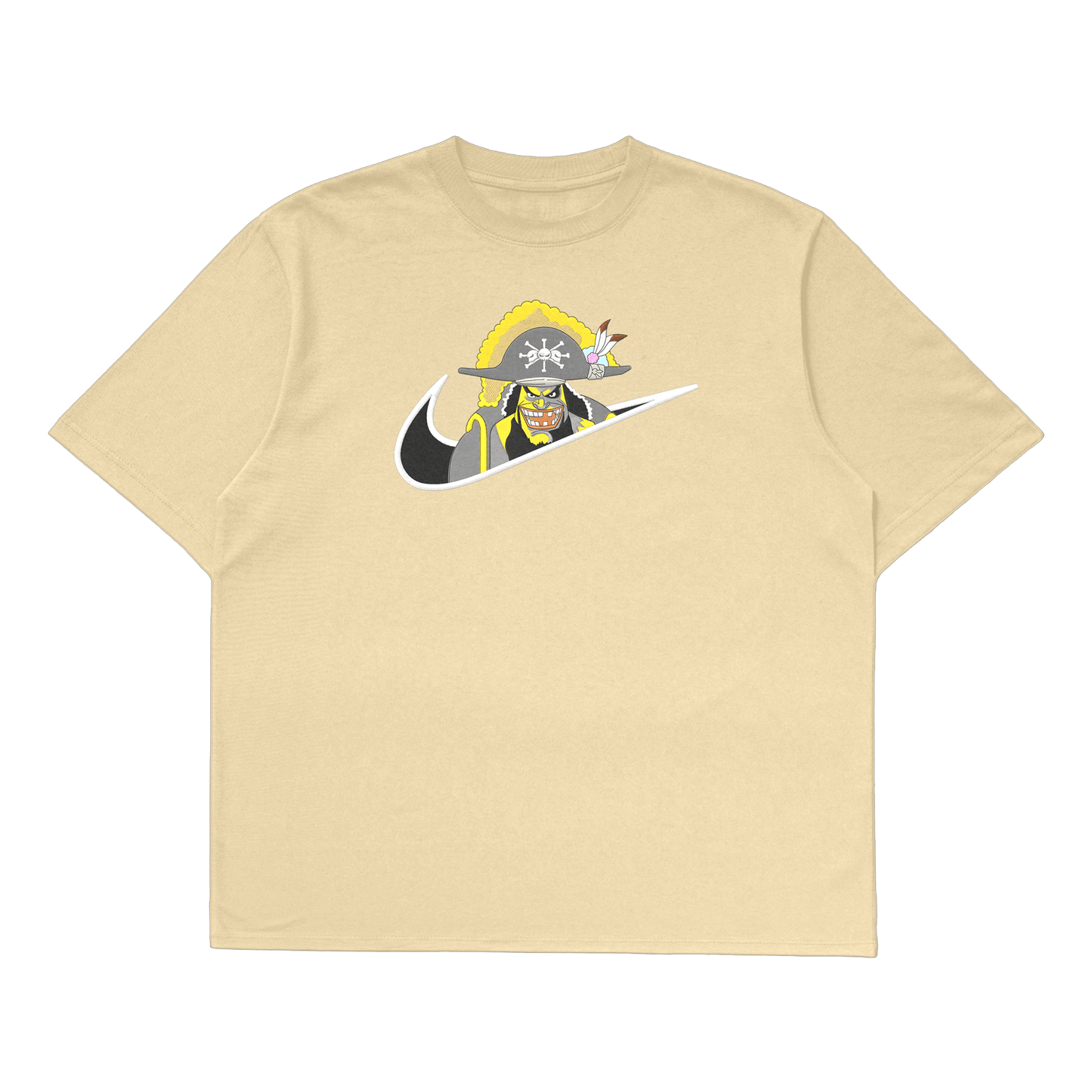 Blackbeard oversized t-shirt featuring a graphic of Blackbeard in a unique Nike design on a beige background.