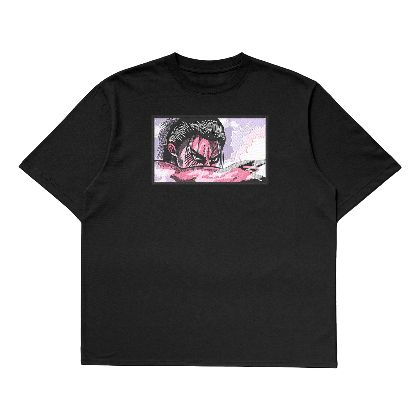 Eren Yeager oversized t-shirt with a full-body design of Eren in his final transformation form.
