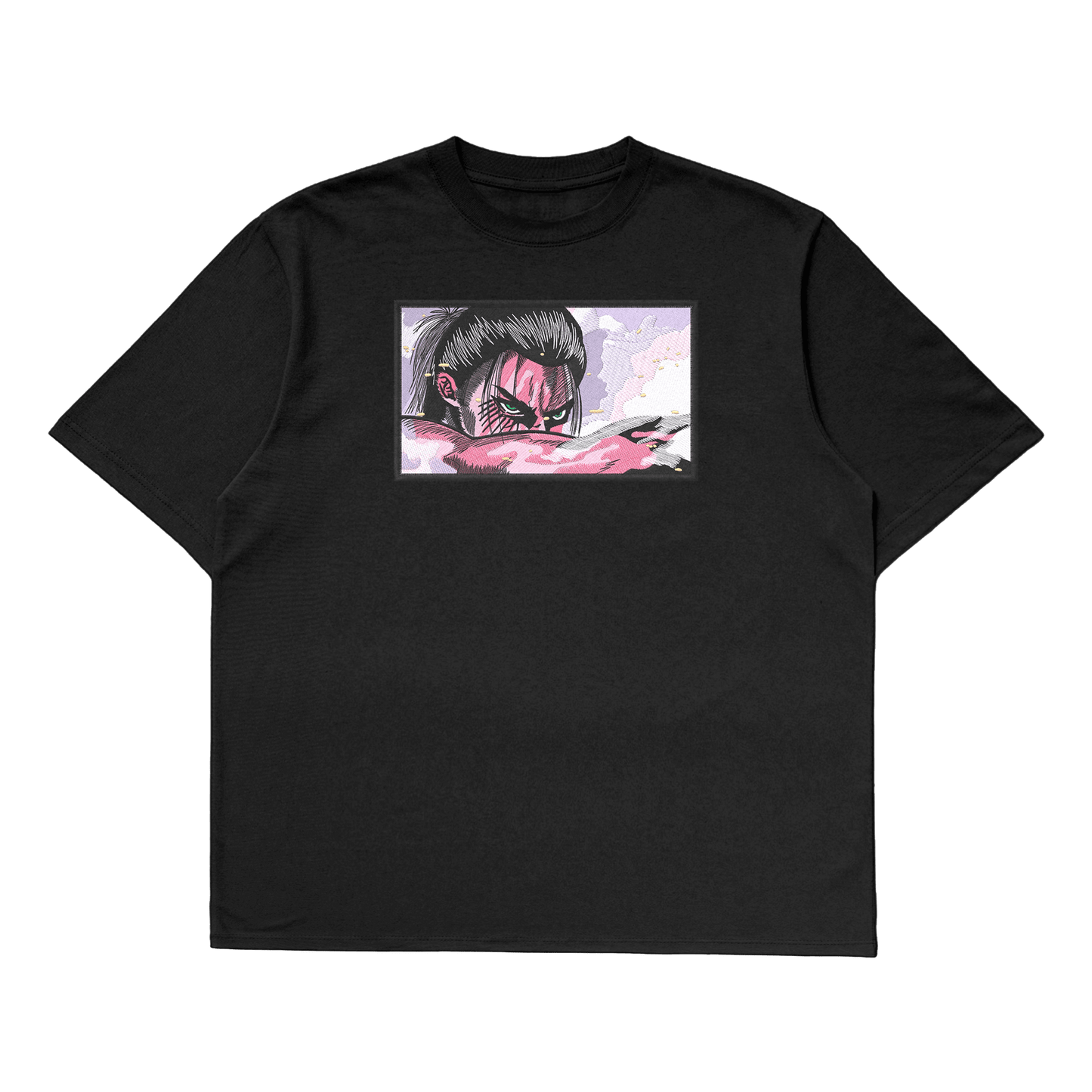 Eren Yeager oversized t-shirt with a full-body design of Eren in his final transformation form.