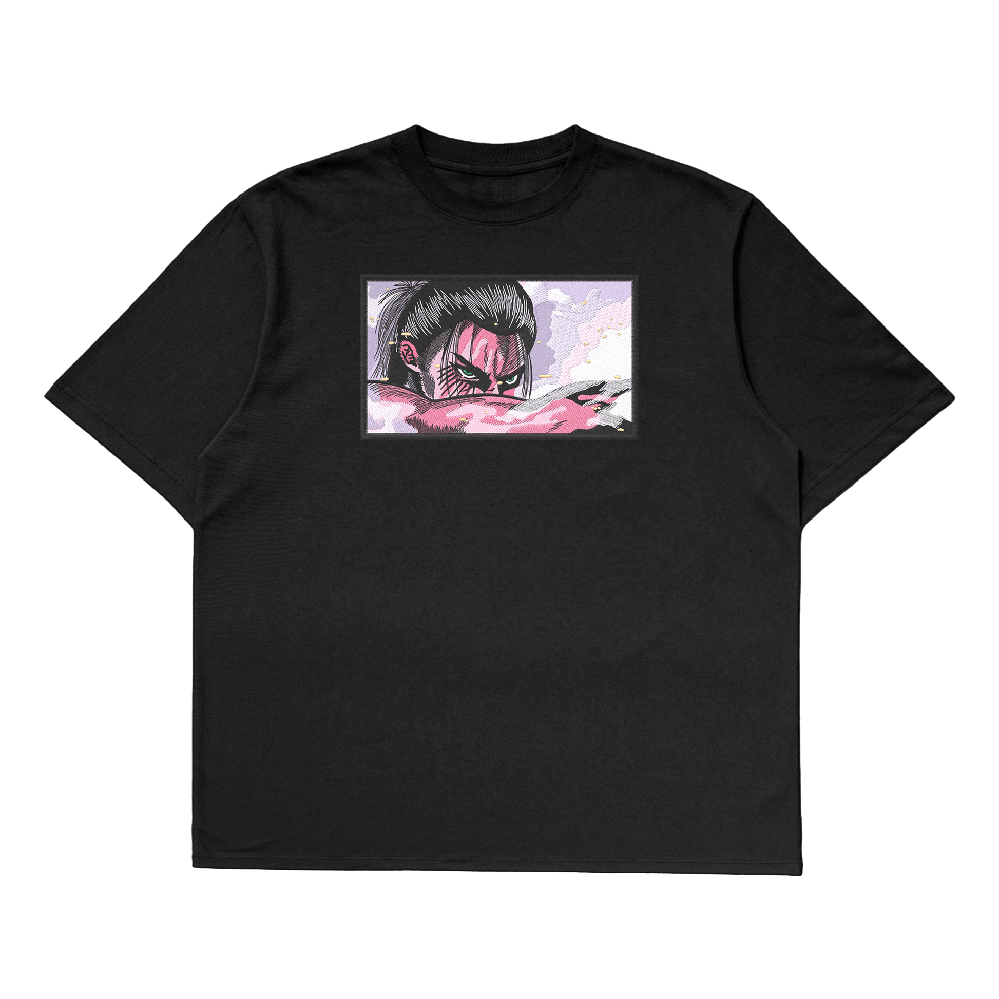 Eren Yeager oversized t-shirt with a full-body design of Eren in his final transformation form.