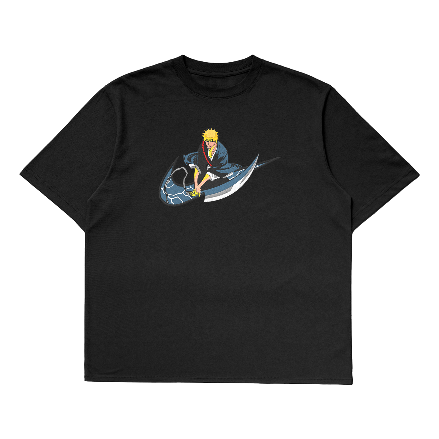 Ichigo Kurosaki oversized t-shirt featuring premium embroidery in a stylish black design.