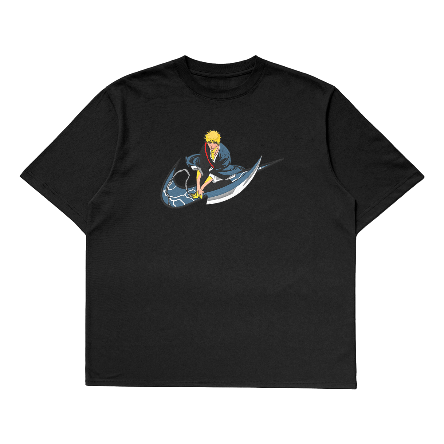 Ichigo Kurosaki oversized t-shirt featuring premium embroidery in a stylish black design.