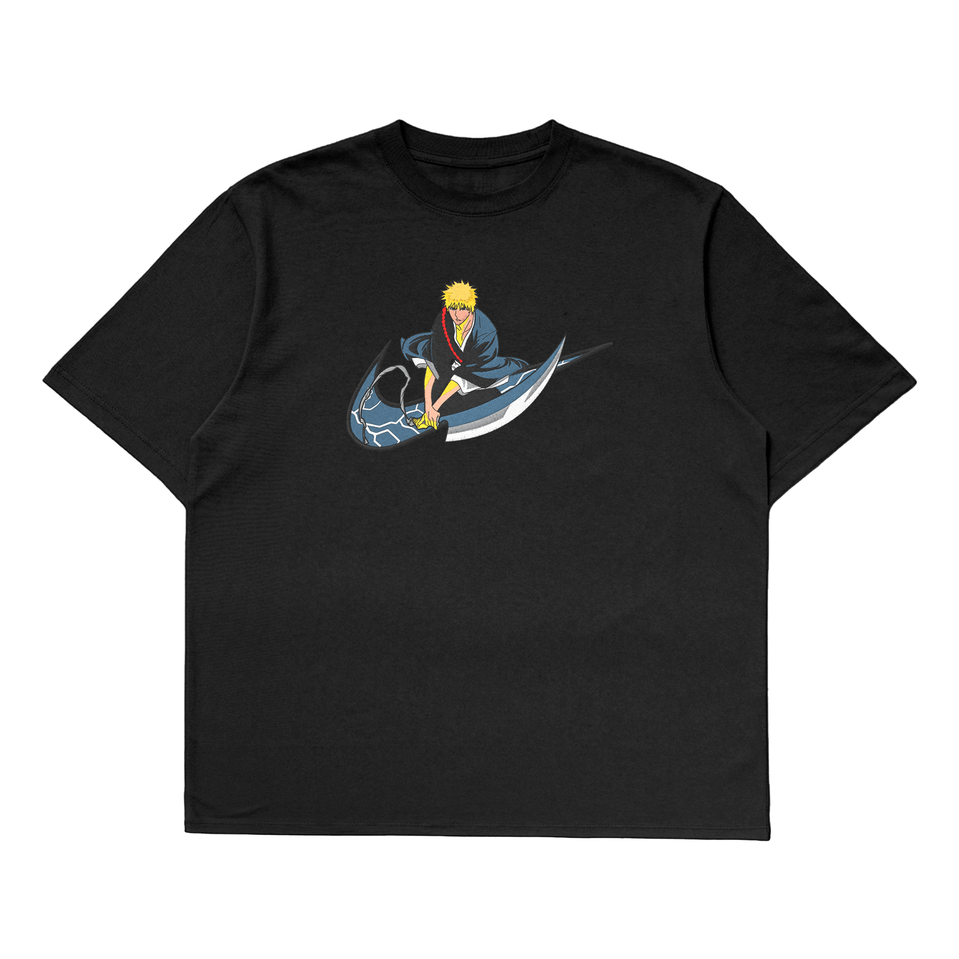 Ichigo Kurosaki oversized t-shirt featuring premium embroidery in a stylish black design.