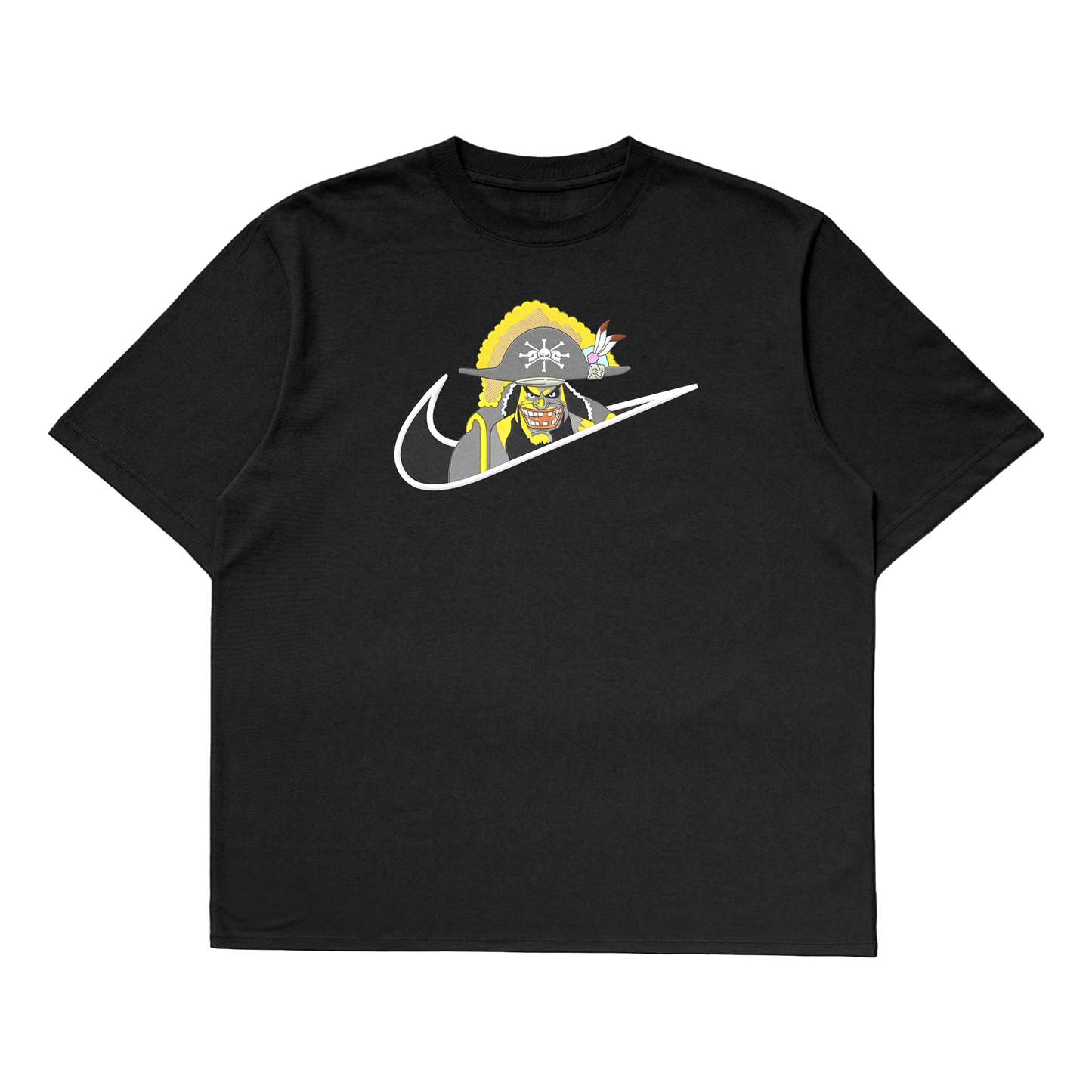 Blackbeard oversized t-shirt featuring a bold graphic on a black background, perfect for One Piece fans.