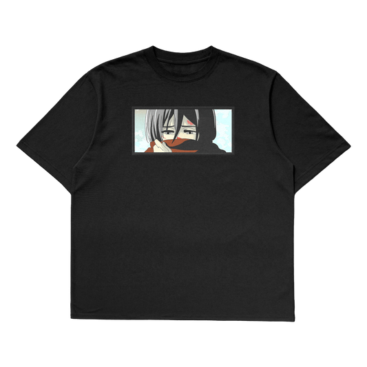 Mikasa Ackerman oversized t-shirt featuring Mikasa's fierce design for anime fans.