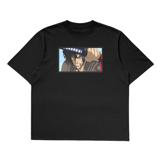 Mugen oversized t-shirt featuring an embroidered design from Samurai Champloo, showcasing a rebellious anime character.