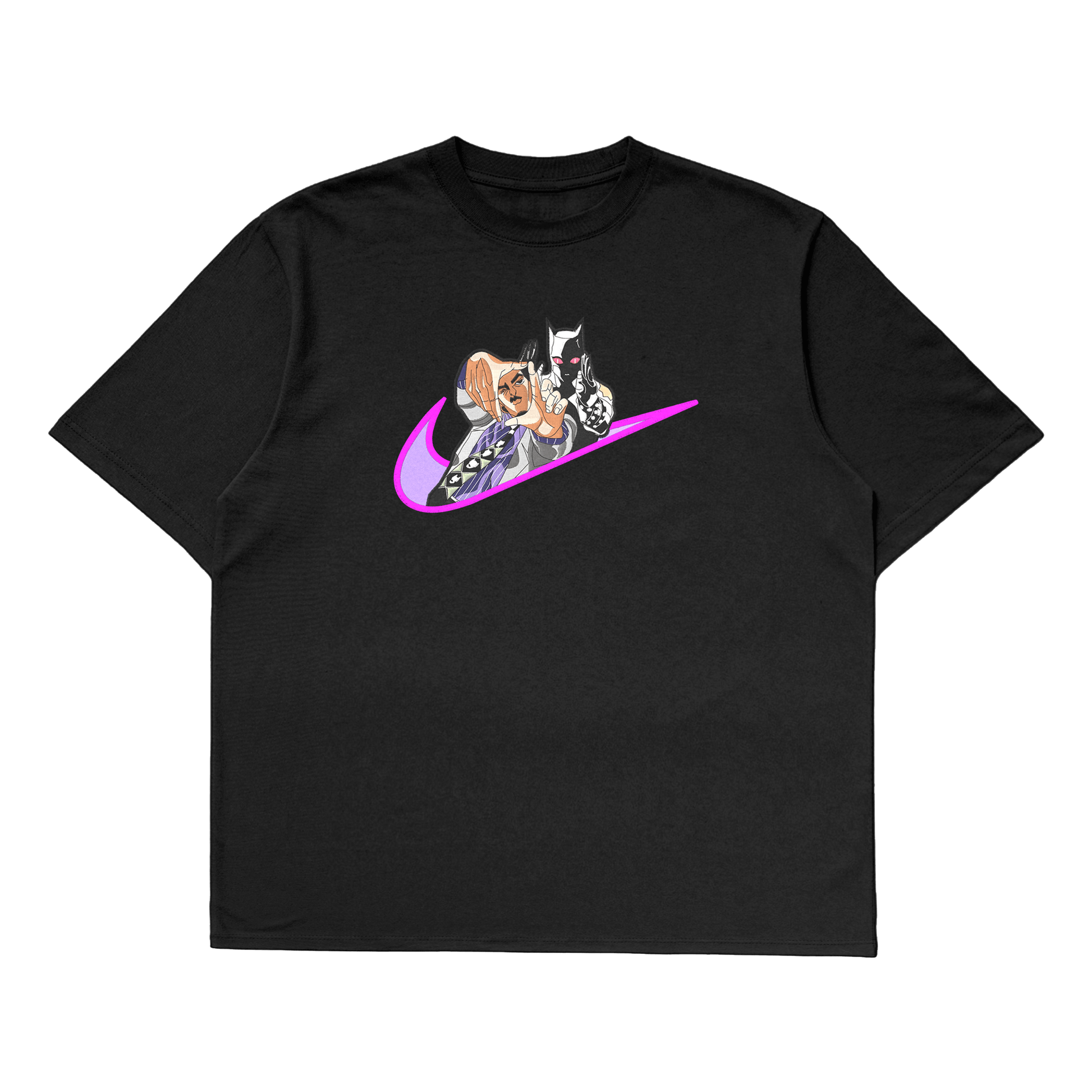 Yoshikage Kira oversized t-shirt featuring a dynamic design with Nike logo in vibrant colors.