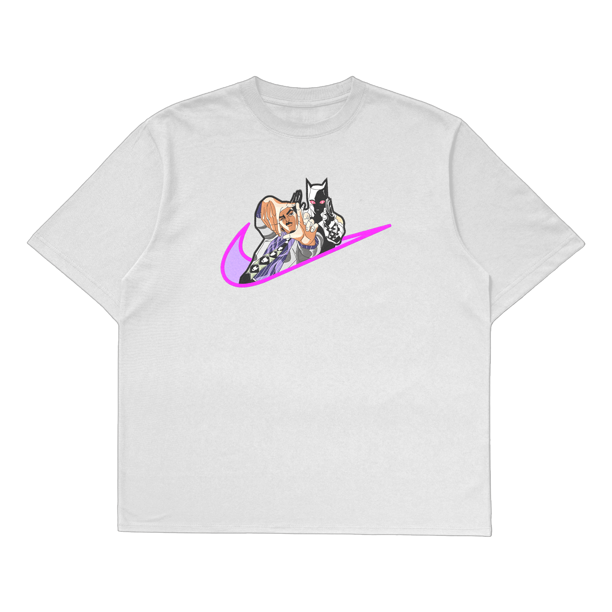 Yoshikage Kira oversized t-shirt featuring colorful embroidery and premium cotton fabric, inspired by JoJo's Bizarre Adventure.