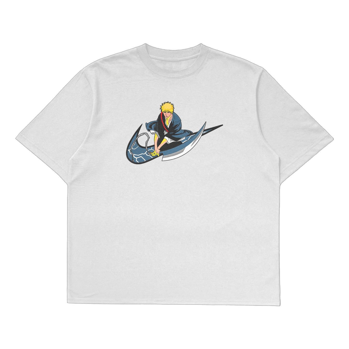 Ichigo Kurosaki oversized t-shirt featuring premium embroidery and a bold design, perfect for Bleach anime fans.