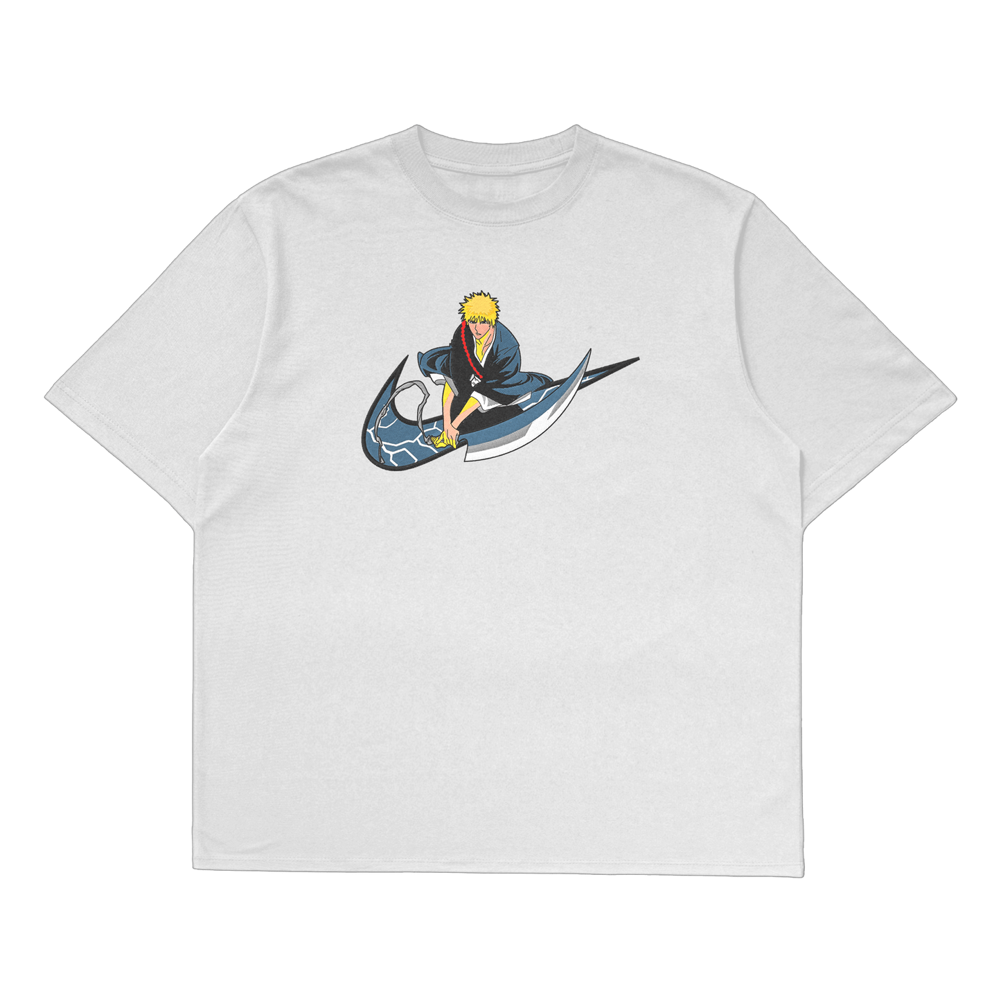 Ichigo Kurosaki oversized t-shirt featuring premium embroidery and a bold design, perfect for Bleach anime fans.