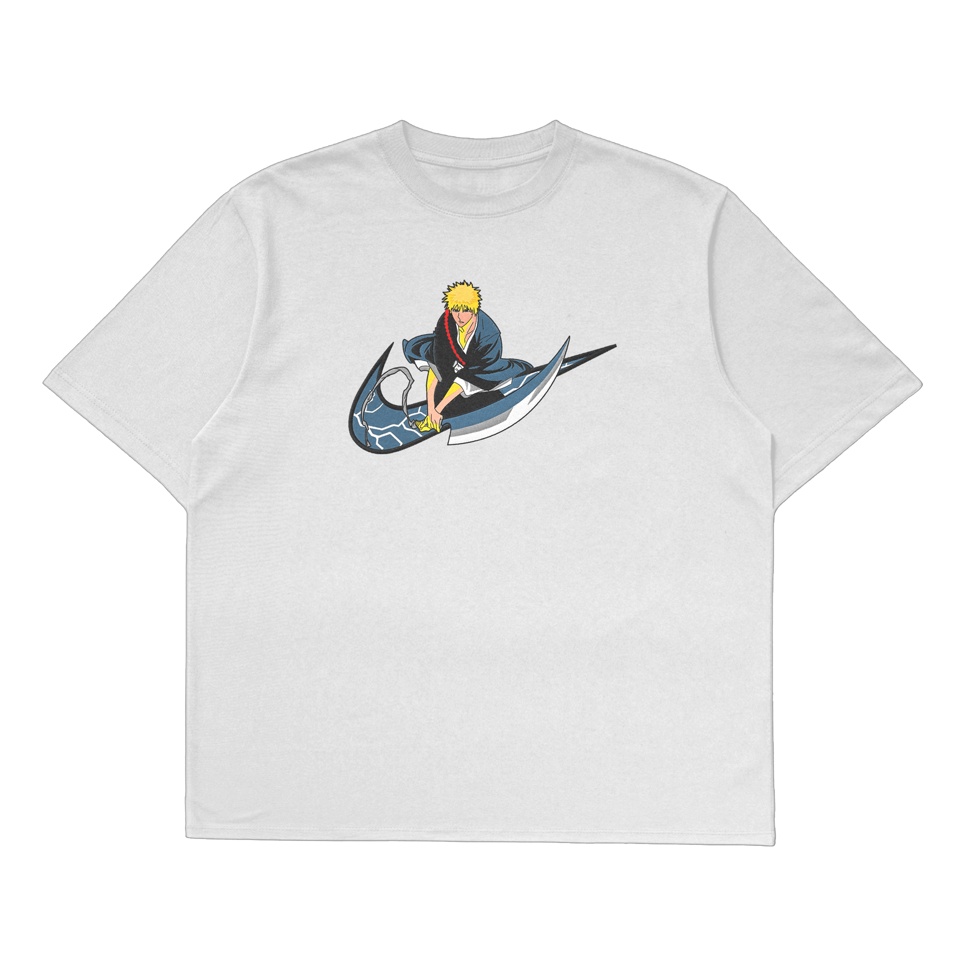 Ichigo Kurosaki oversized t-shirt featuring premium embroidery and a bold design, perfect for Bleach anime fans.