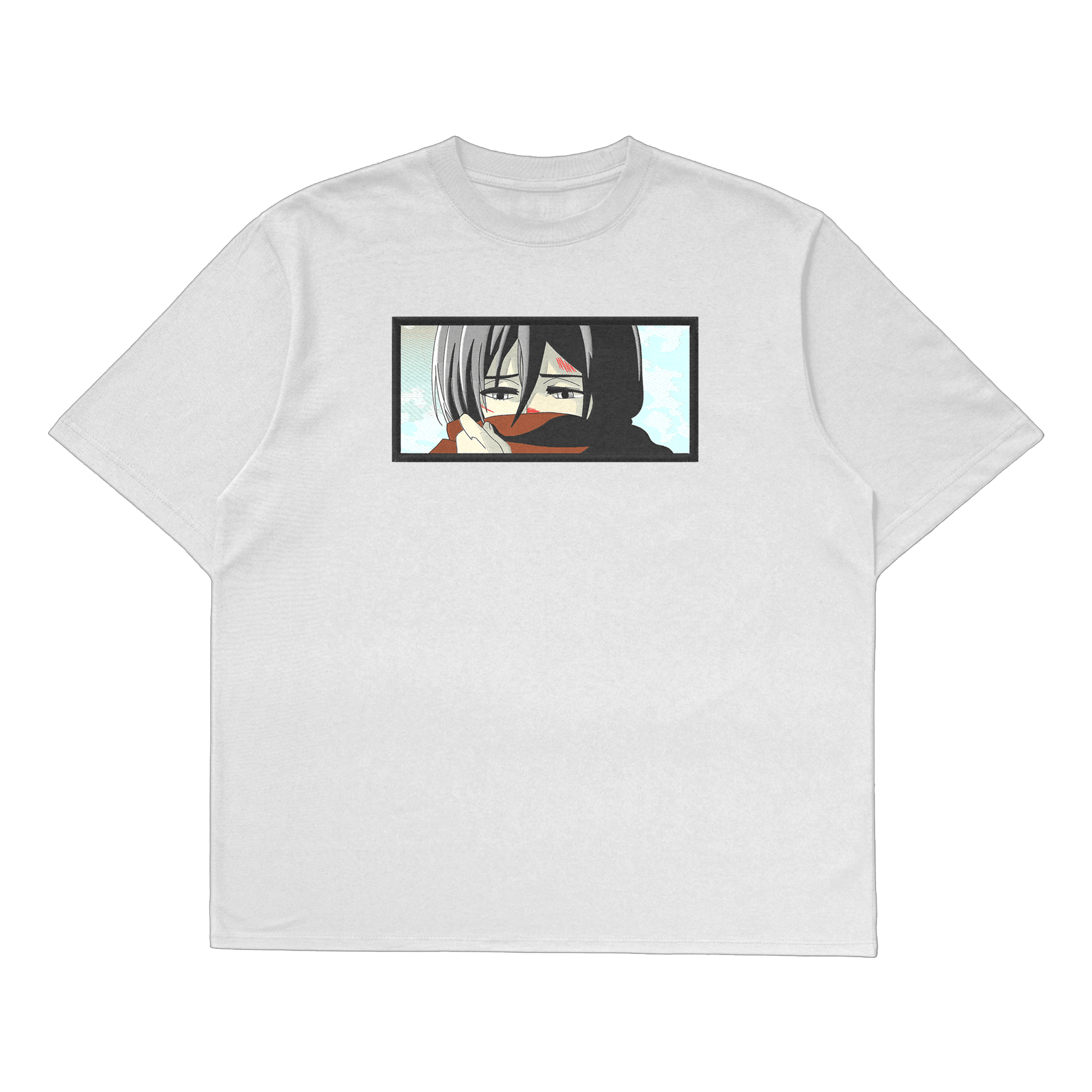 Mikasa Ackerman oversized t-shirt featuring a bold design of the character from Attack on Titan.