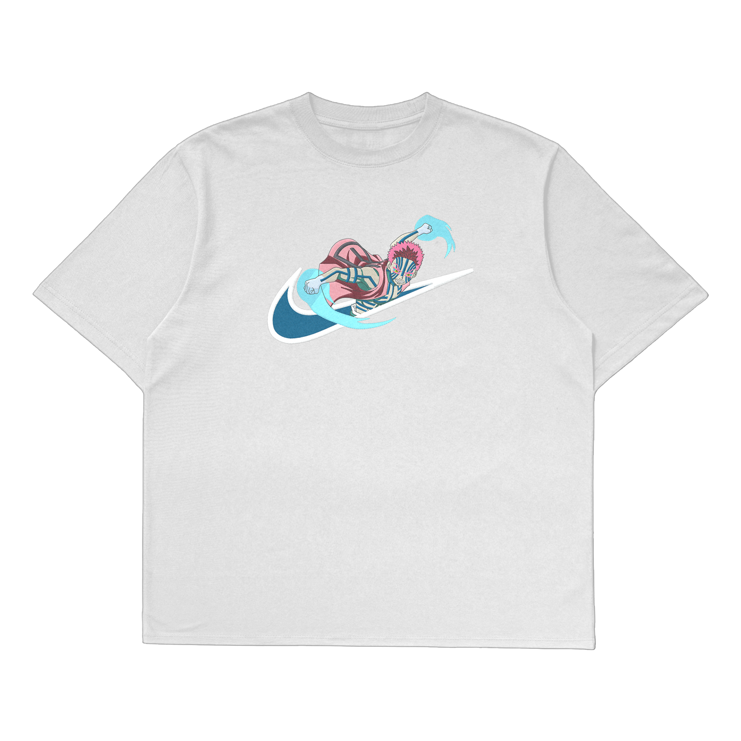 Akaza oversized t-shirt featuring vibrant stitched detailing and unique anime design in premium cotton.