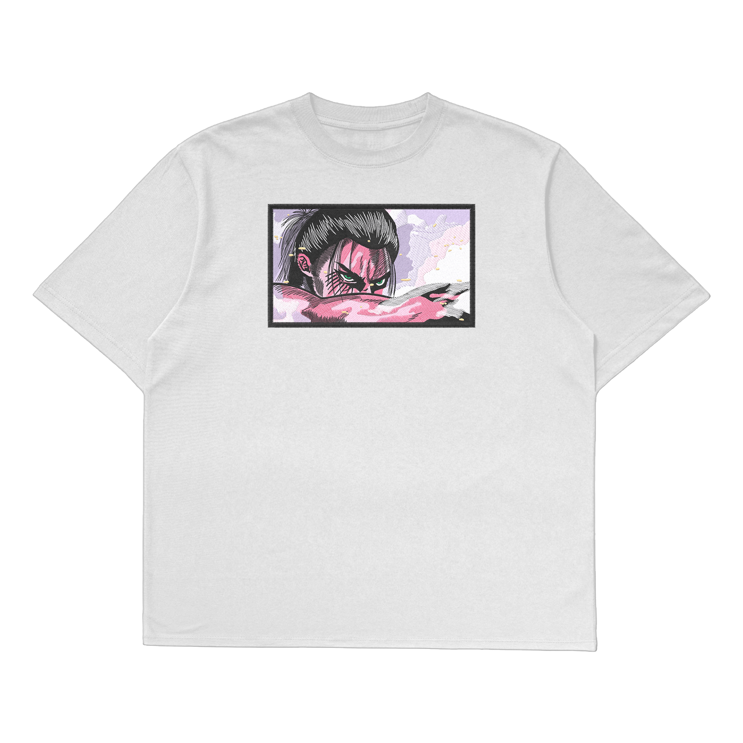 Eren Yeager oversized t-shirt featuring a full-body design of Eren in his final transformation form.