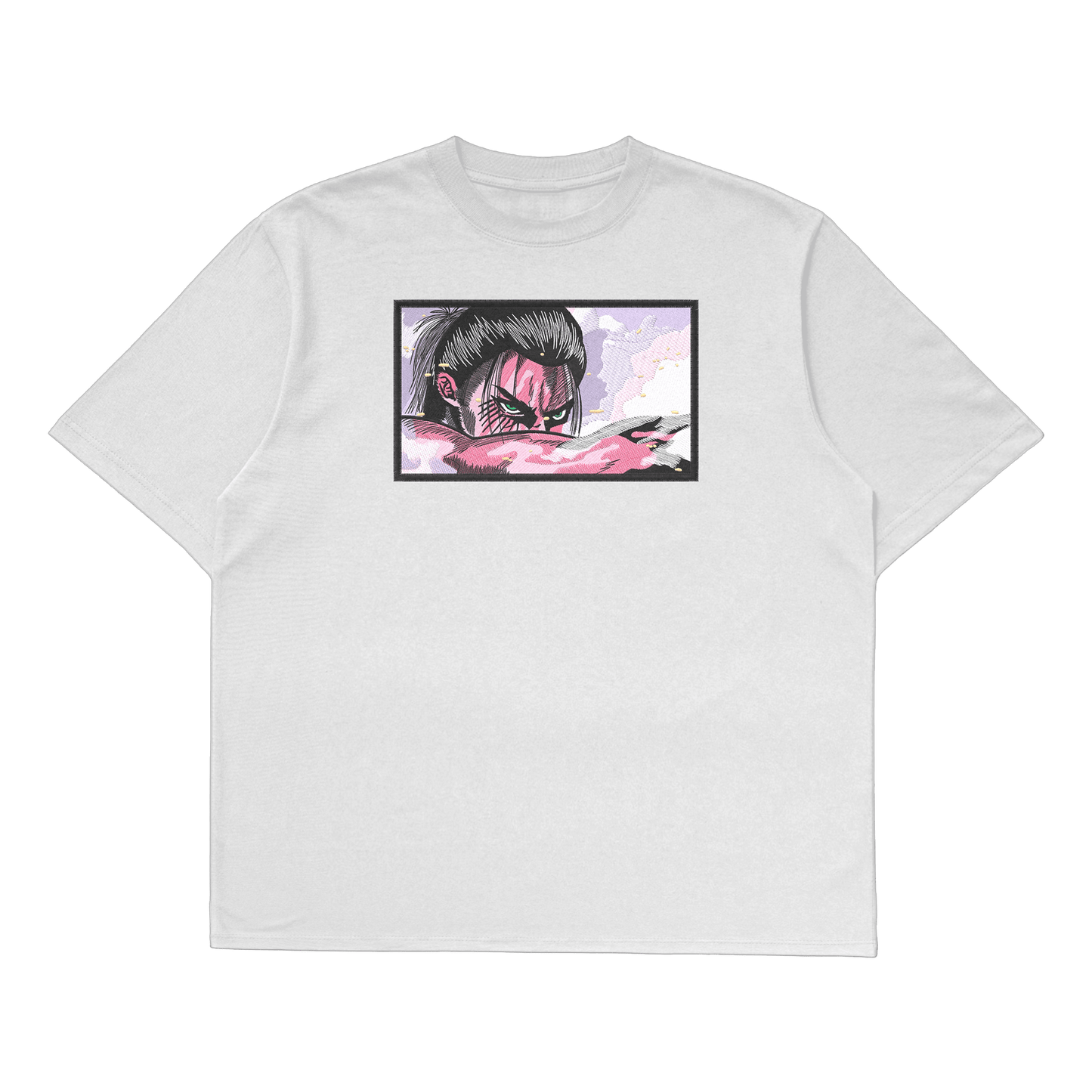 Eren Yeager oversized t-shirt featuring a full-body design of Eren in his final transformation form.