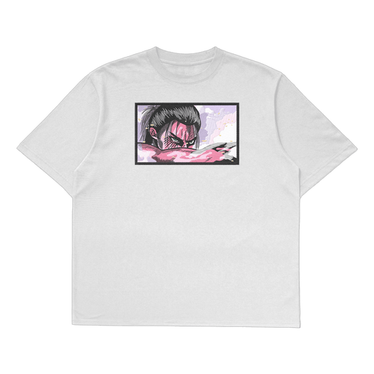 Eren Yeager oversized t-shirt featuring a full-body design of Eren in his final transformation form.