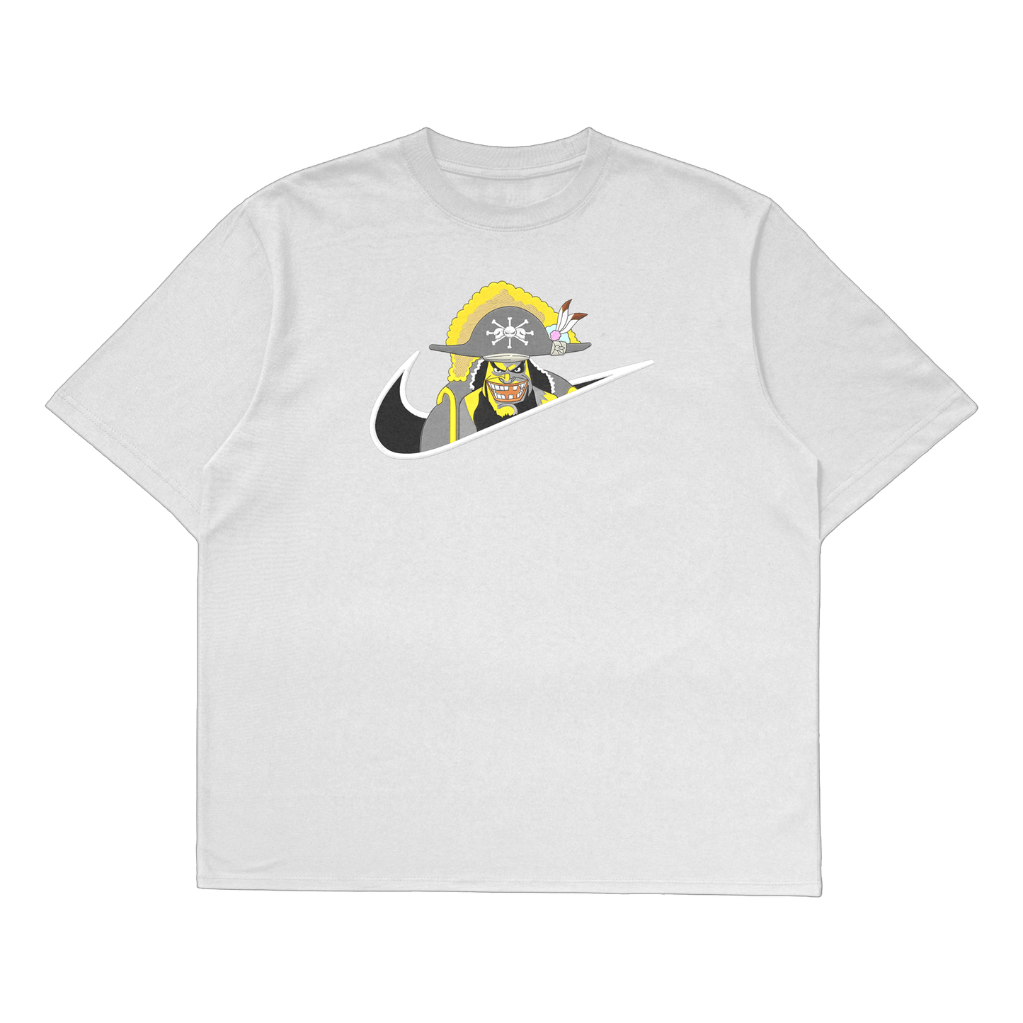 Blackbeard oversized t-shirt featuring a full-body graphic of Blackbeard with a Nike logo, perfect for anime fans.