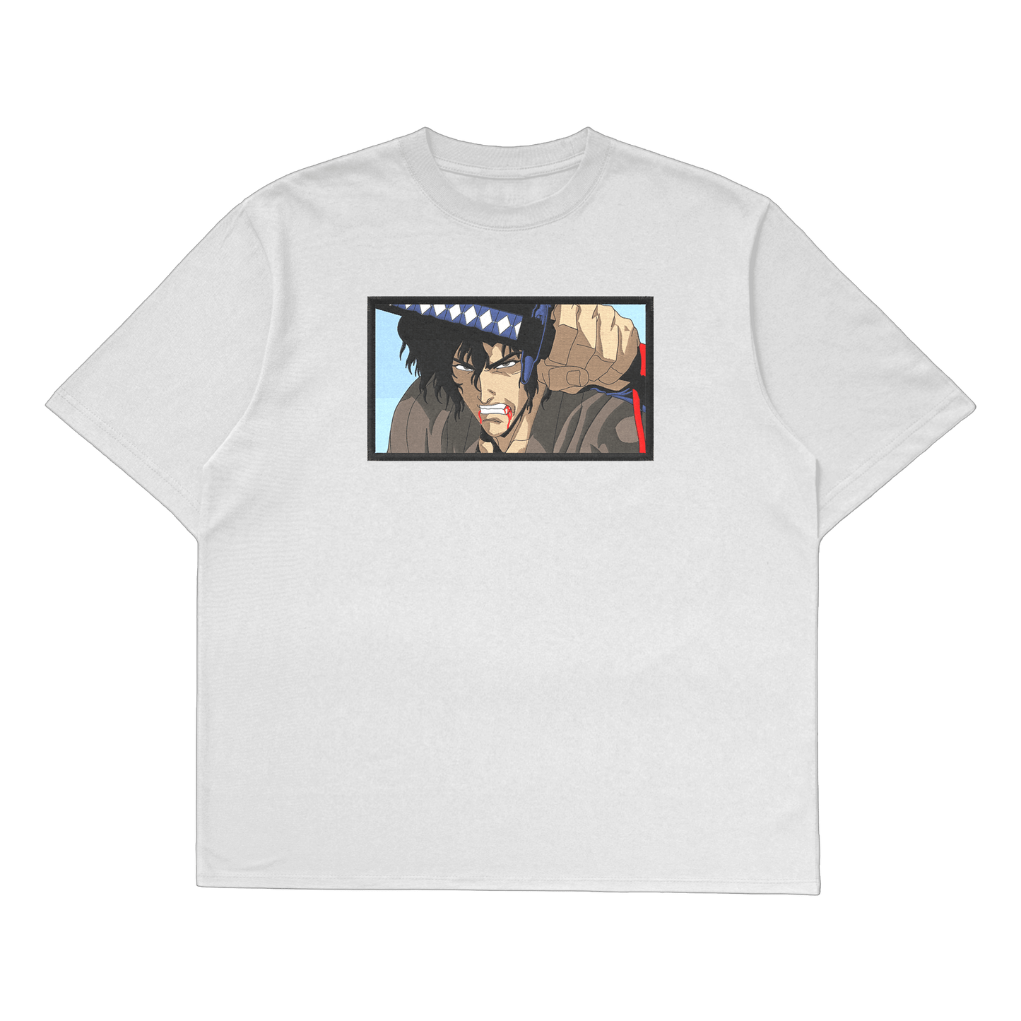Mugen oversized t-shirt featuring an embroidered design inspired by Samurai Champloo character Mugen.