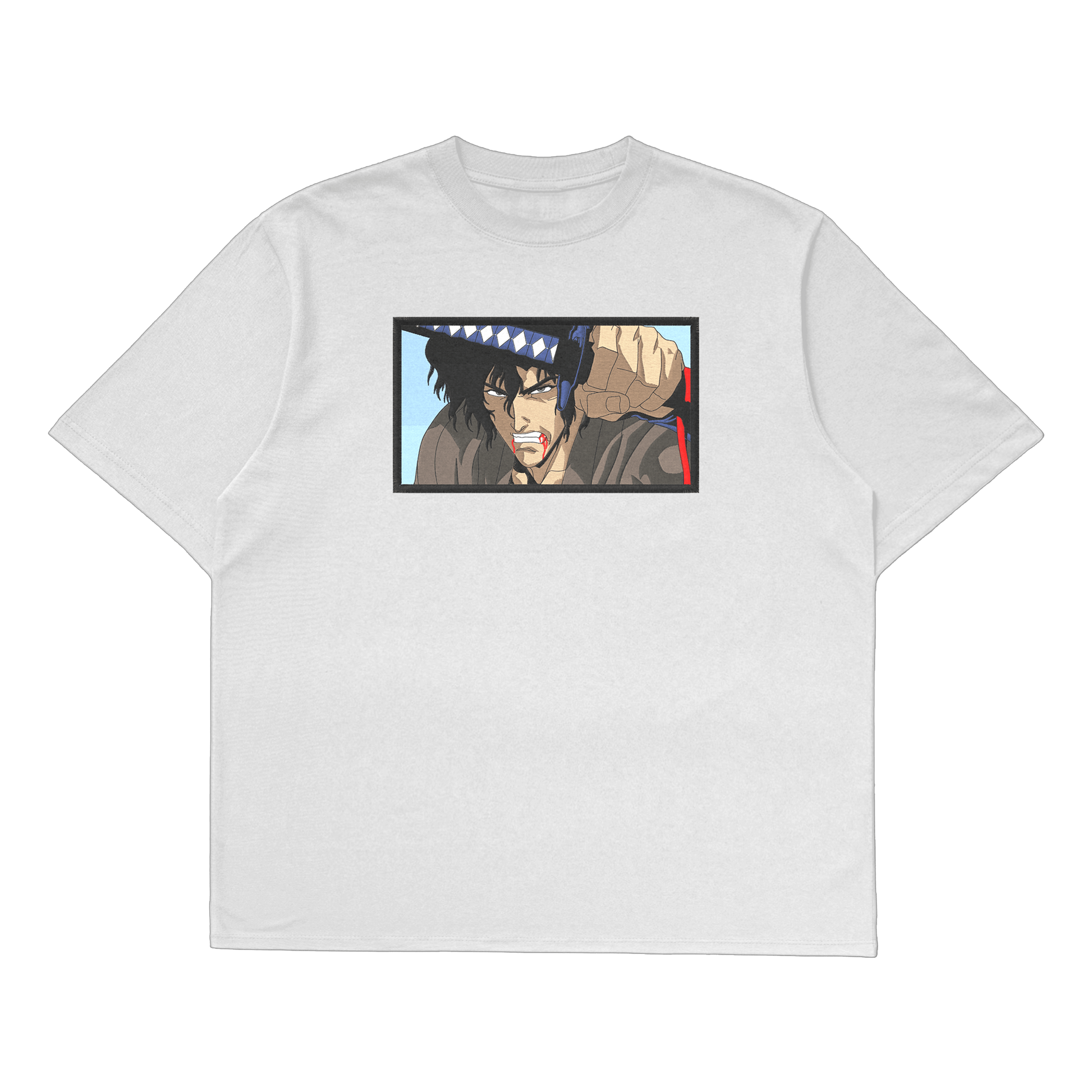 Mugen oversized t-shirt featuring an embroidered design inspired by Samurai Champloo character Mugen.