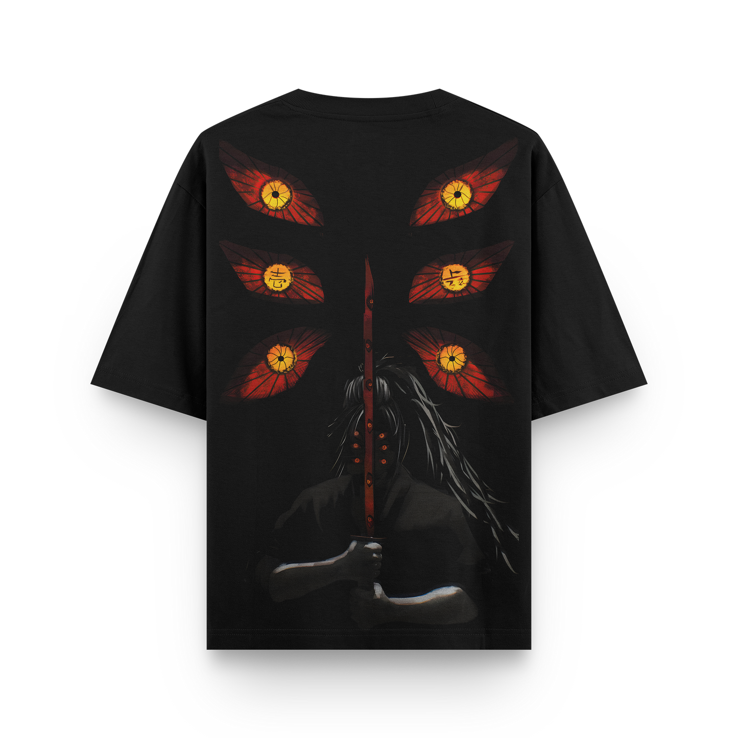 Kokushibo oversized t-shirt featuring vibrant six-eye design and sword illustration on back.