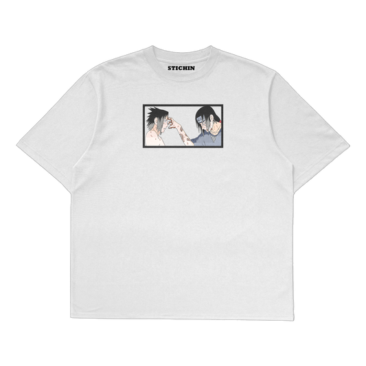 Sasuke Itachi embroidered oversized t-shirt featuring iconic Uchiha brothers design in vibrant red and black thread.