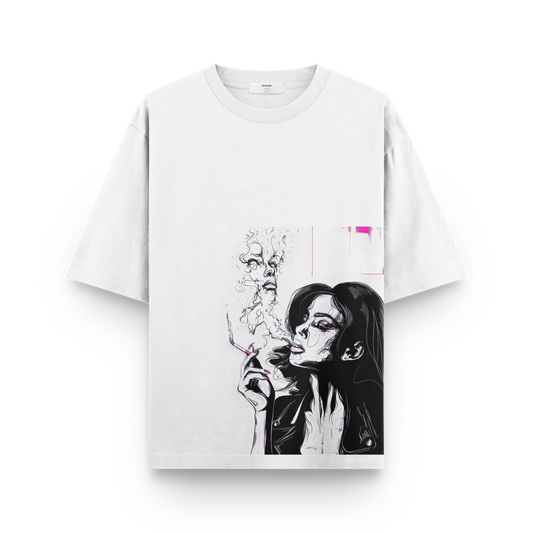 Smoking Reflection T-Shirt - Modern Girl with Face in Smoke | Artistic Graphic Tee for Edgy Style