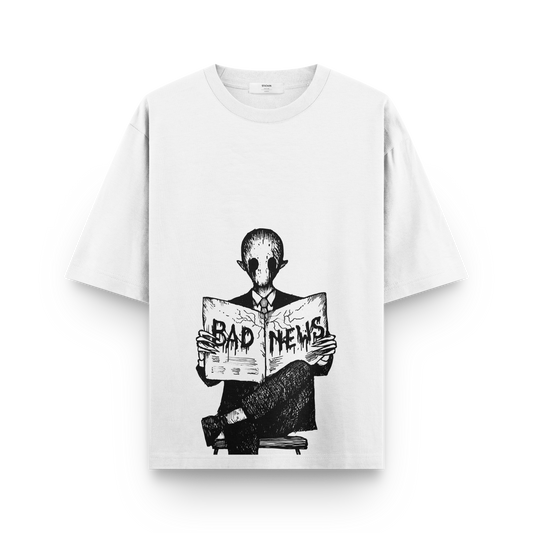 Bad News T-Shirt - Dark Illustrator Graphic Tee of Man Reading Newspaper | Gothic & Edgy Design