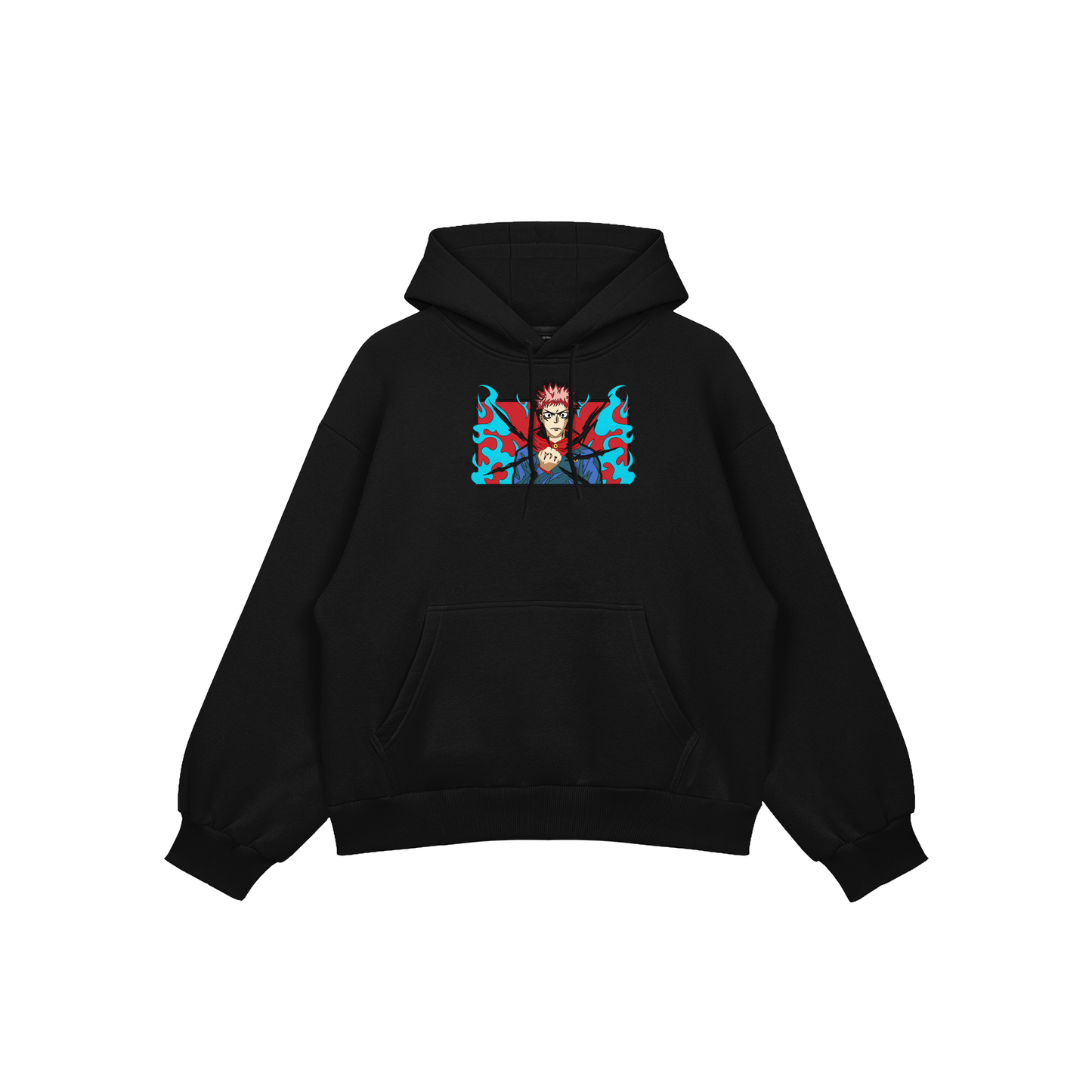 Yuji Itadori embroidered oversized hoodie in black featuring anime design and flame graphics.
