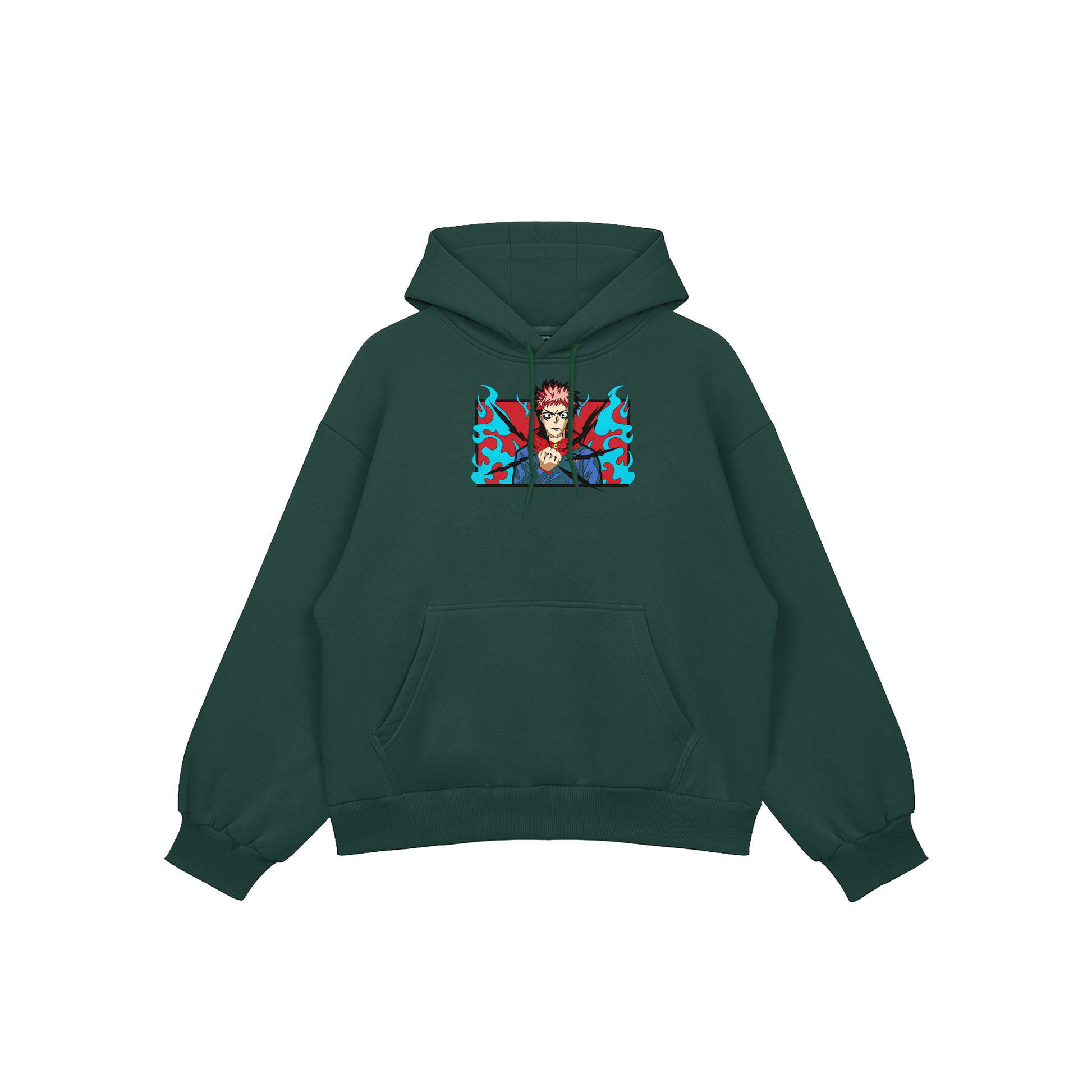 Yuji Itadori embroidered oversized hoodie featuring colorful design, perfect for Jujutsu Kaisen fans and winter comfort.