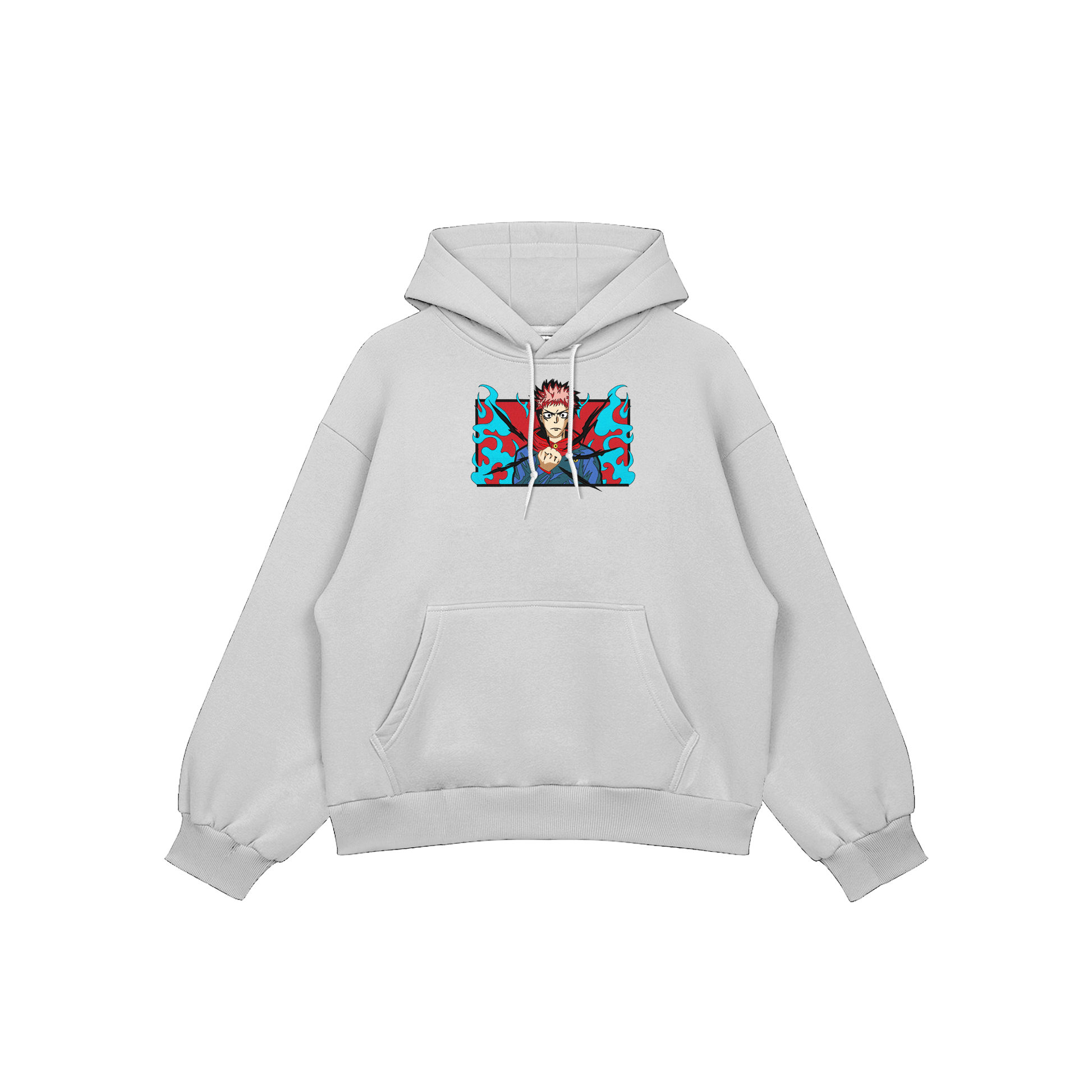 Yuji Itadori embroidered oversized hoodie featuring a bold design, perfect for Jujutsu Kaisen fans.