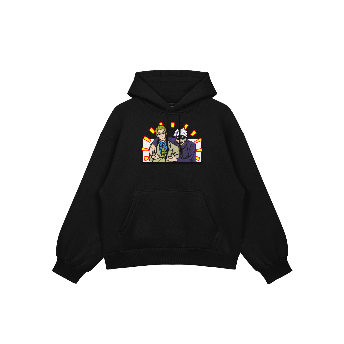 Gojo Nanami embroidered oversized hoodie featuring vibrant duo design for fans of Jujutsu Kaisen.