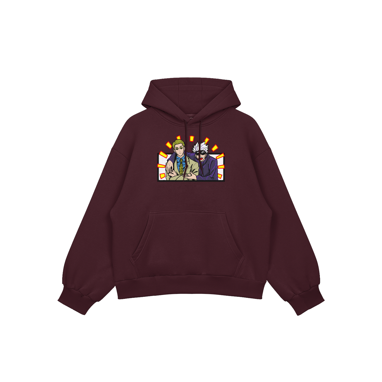 Gojo Nanami embroidered oversized hoodie featuring characters from Jujutsu Kaisen duo design on maroon background.